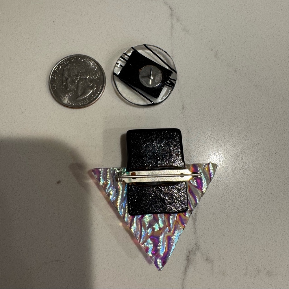 Iridescent Dichroic Glass Brooch and Earring Set with Blue and Black Accents - Picture 9 of 9